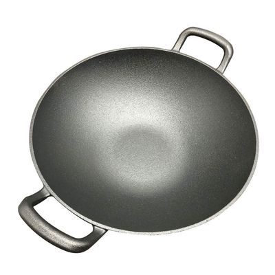 YNIYUJKL Two-Handled Traditional Cast-Iron Wok, Thick Uncoated Nonstick Pan with Flat Bottom