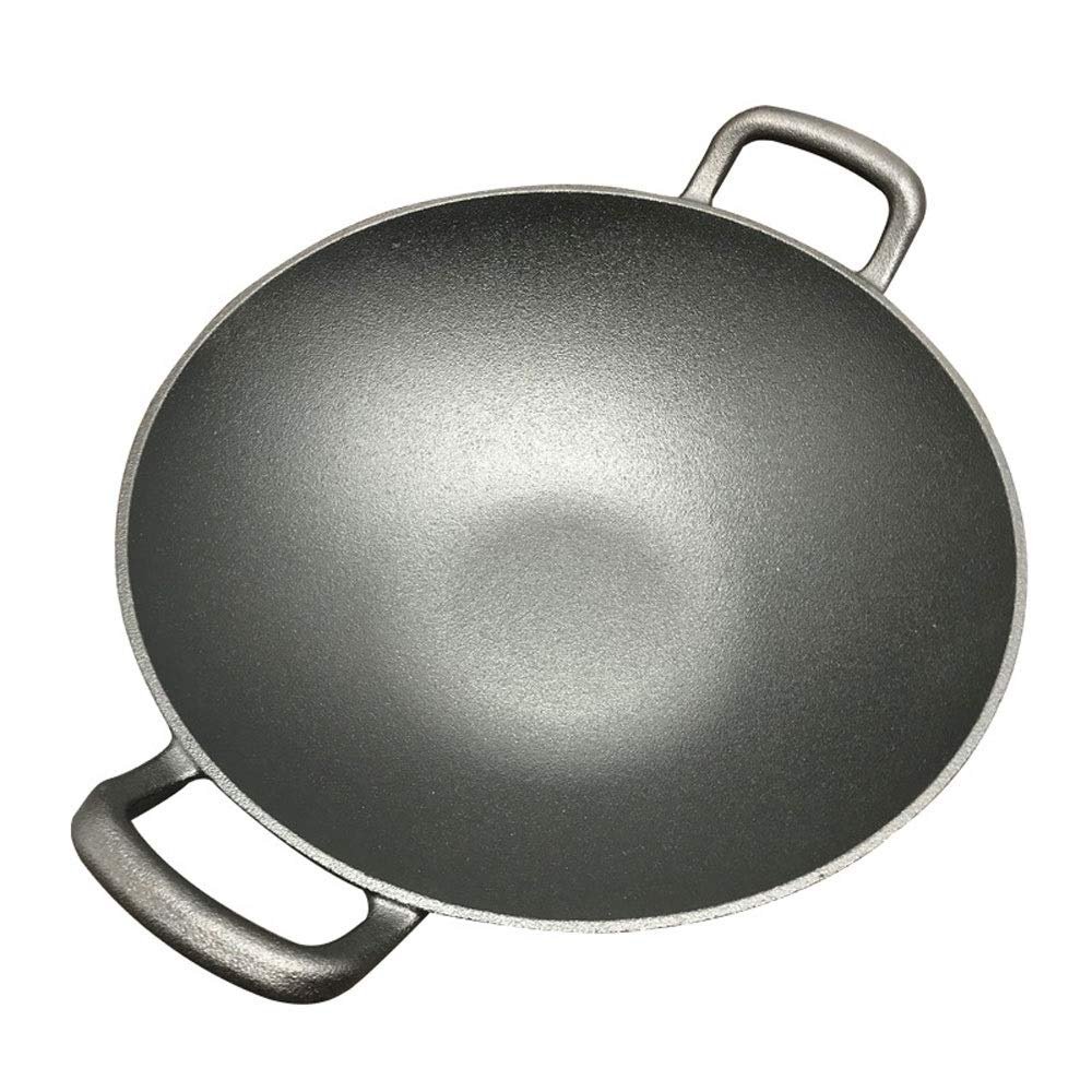 YNIYUJKL Two-Handled Traditional Cast-Iron Wok, Thick Uncoated Nonstick Pan with Flat Bottom