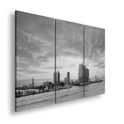 Colorshorizon Hamburg Skyline Canvas Print, 120x80 cm, 3-Piece Black & White XXL Wall Art