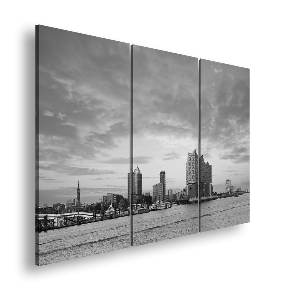 Colorshorizon Hamburg Skyline Canvas Print, 120x80 cm, 3-Piece Black & White XXL Wall Art