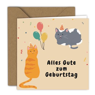 Birthday Card with Celebrating Cats and Colorful Balloons, 15 x 15 cm, Blank Inside
