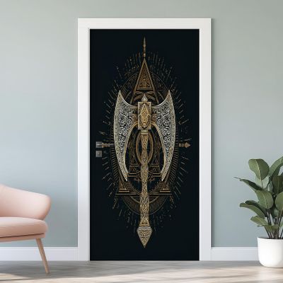 Viking 3D Door Decal, Norse Mythology Axe Wall Mural, Self-Adhesive Removable PVC, 80 x 200 cm