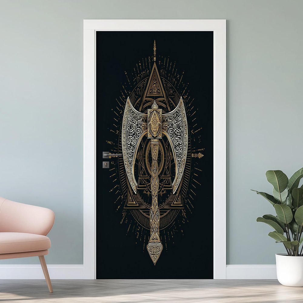 Viking 3D Door Decal, Norse Mythology Axe Wall Mural, Self-Adhesive Removable PVC, 80 x 200 cm