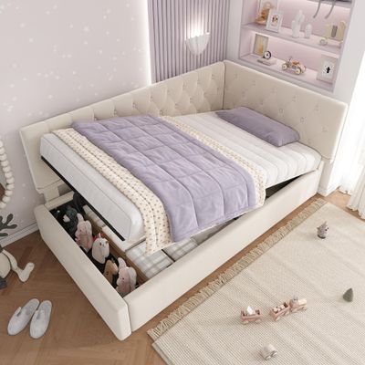 Merax Upholstered Daybed 90 x 190 cm with Hydraulic Storage, Beige Velvet, No Mattress