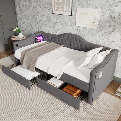 Merax Upholstered Daybed Sofa Bed with Storage, USB Type-C, 2 Drawers, 90 x 190 cm, Gray Linen