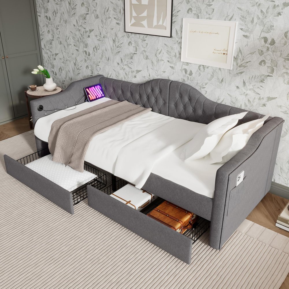 Merax Upholstered Daybed Sofa Bed with Storage, USB Type-C, 2 Drawers, 90 x 190 cm, Gray Linen