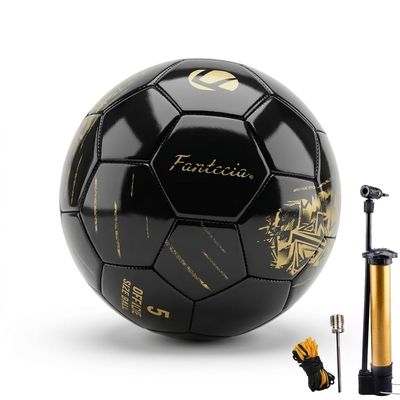 Fantecia Size 5 Soccer Ball, PU Leather Indoor/Outdoor Ball for Youth and Adults, Black with Gold Embossing