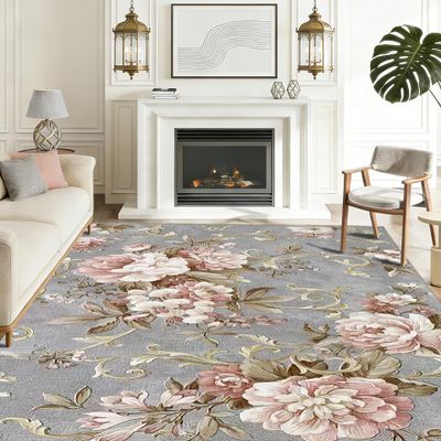WQMMD Low-Pile Rug 140 x 210 cm, Vintage Gray-Pink Floral Pattern