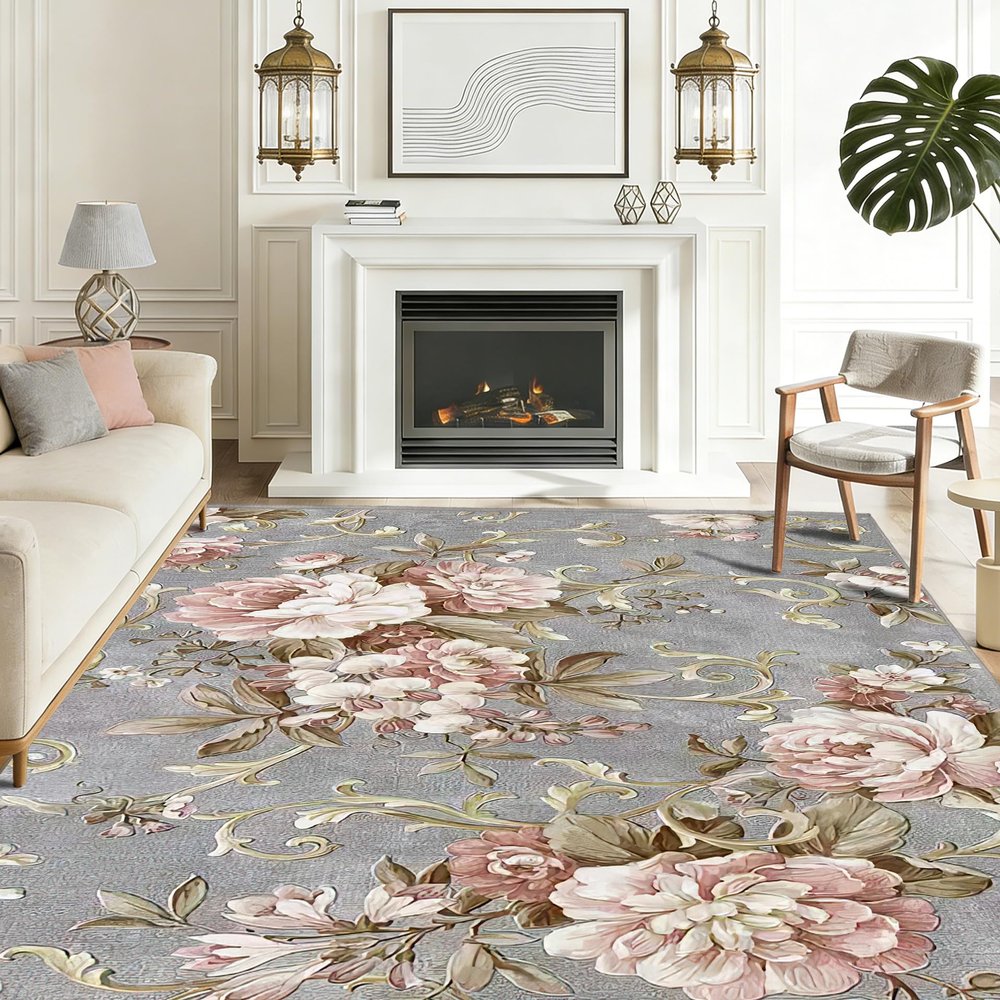 WQMMD Low-Pile Rug 140 x 210 cm, Vintage Gray-Pink Floral Pattern