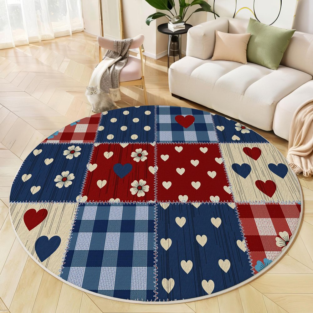 JEDTAKCT Round Polka Dot Check Rug, 160 cm, Short Pile, Washable, Navy Blue