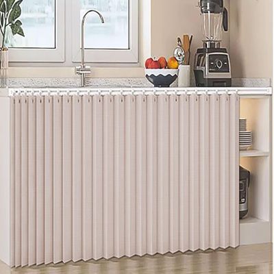 Dustproof Sliding Curtain for Open Shelves, Waterproof Linen, Self-Adhesive Track, Coffee, W90 x H90 cm