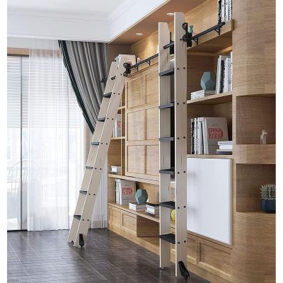 Rustic Black Retractable Library Ladder Hardware Kit, Telescoping Steel Roller and Braked Floor Casters, Easy Installation, Ladder Not Included