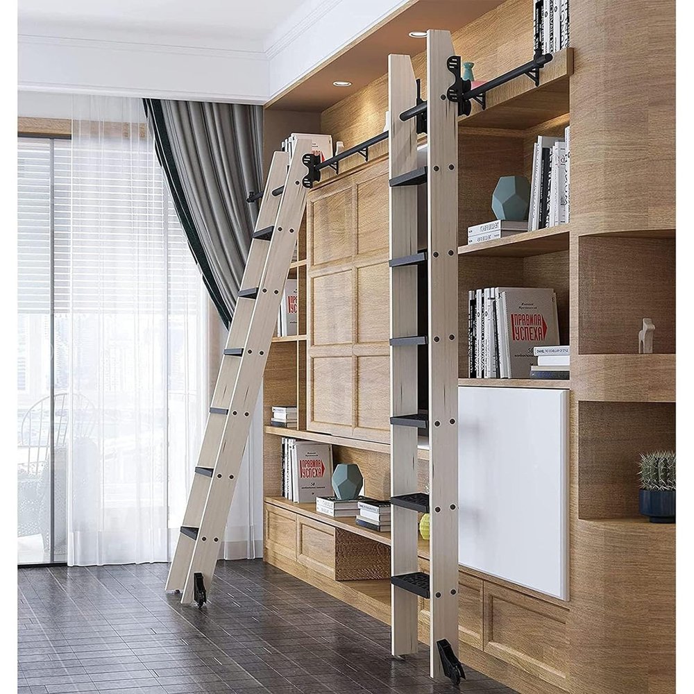 Rustic Black Retractable Library Ladder Hardware Kit, Telescoping Steel Roller and Braked Floor Casters, Easy Installation, Ladder Not Included