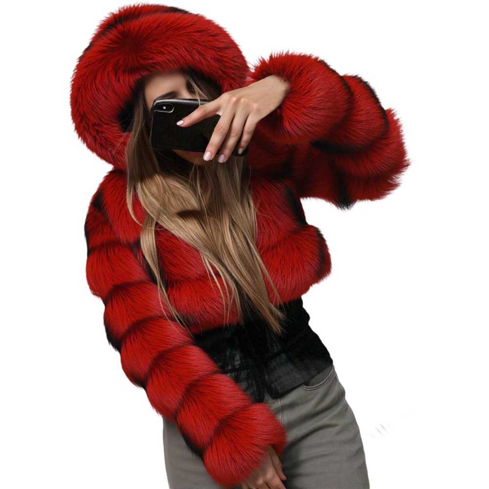 Duohropke Women's Faux Fur Jacket, Cropped Elegant Winter Coat with Hood, Long Sleeves and Zipper
