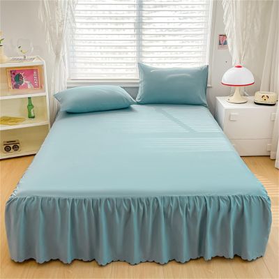 Surwin Modern Solid-Color Bed Skirt with Ruffles, Quilted Bedspread, Aqua 1, 180 × 200 cm