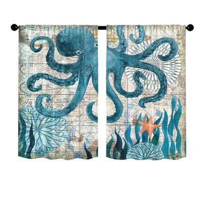 Odot 2-Piece Blue Octopus Bistro Curtain, 65 x 115 cm