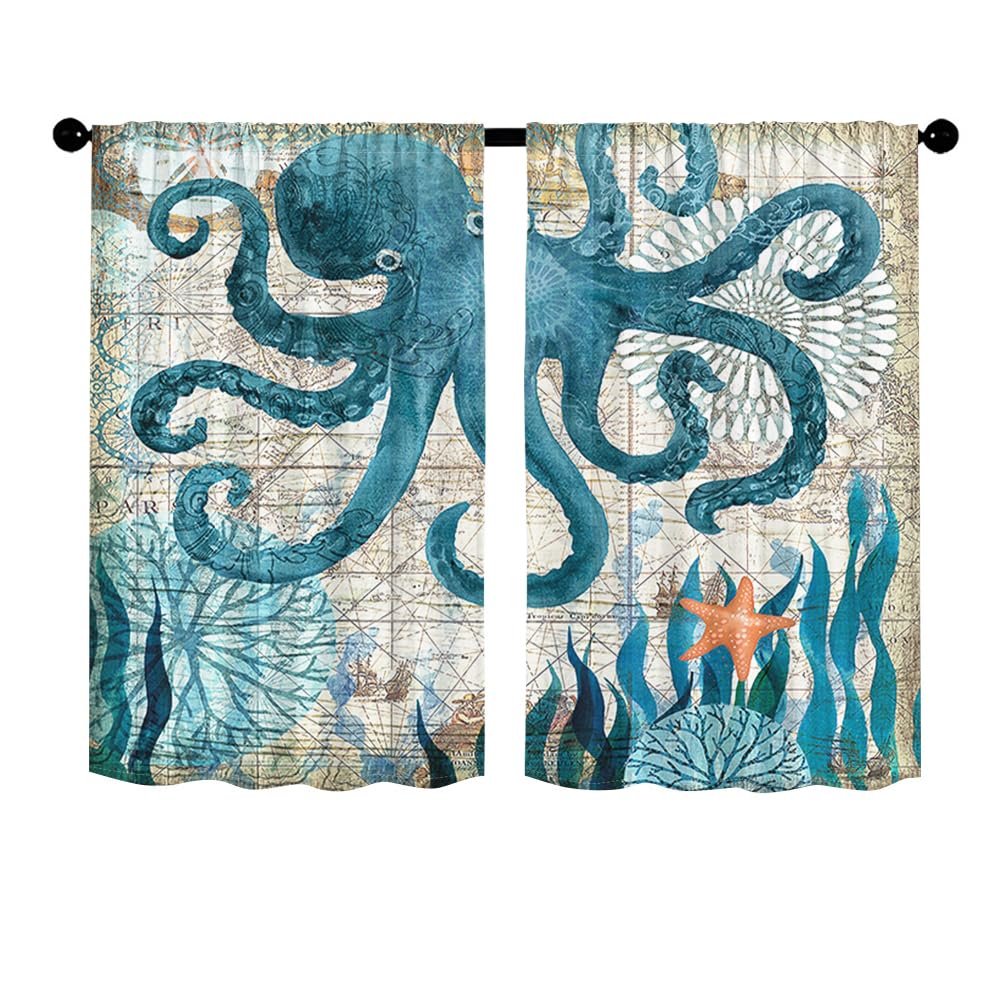 Odot 2-Piece Blue Octopus Bistro Curtain, 65 x 115 cm