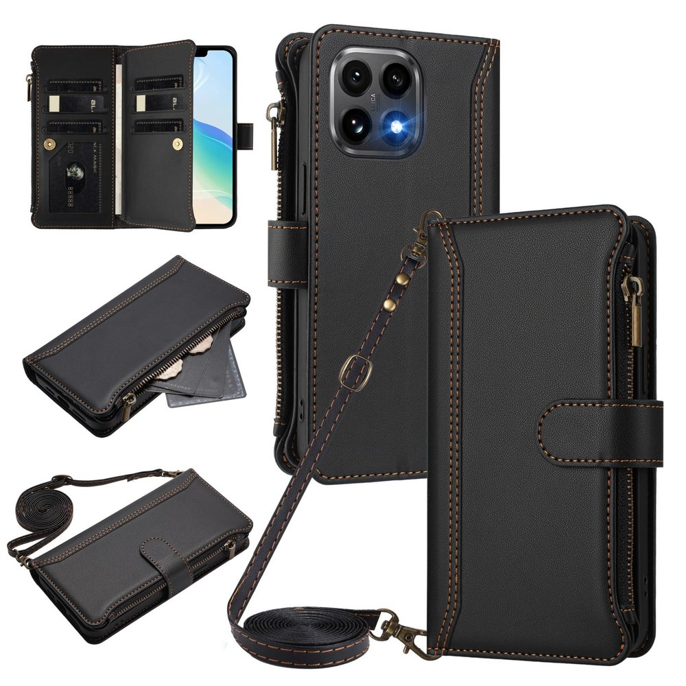 FANFO Wallet Case for Xiaomi 15T with Multiple Card Slots, Shoulder Strap, Black