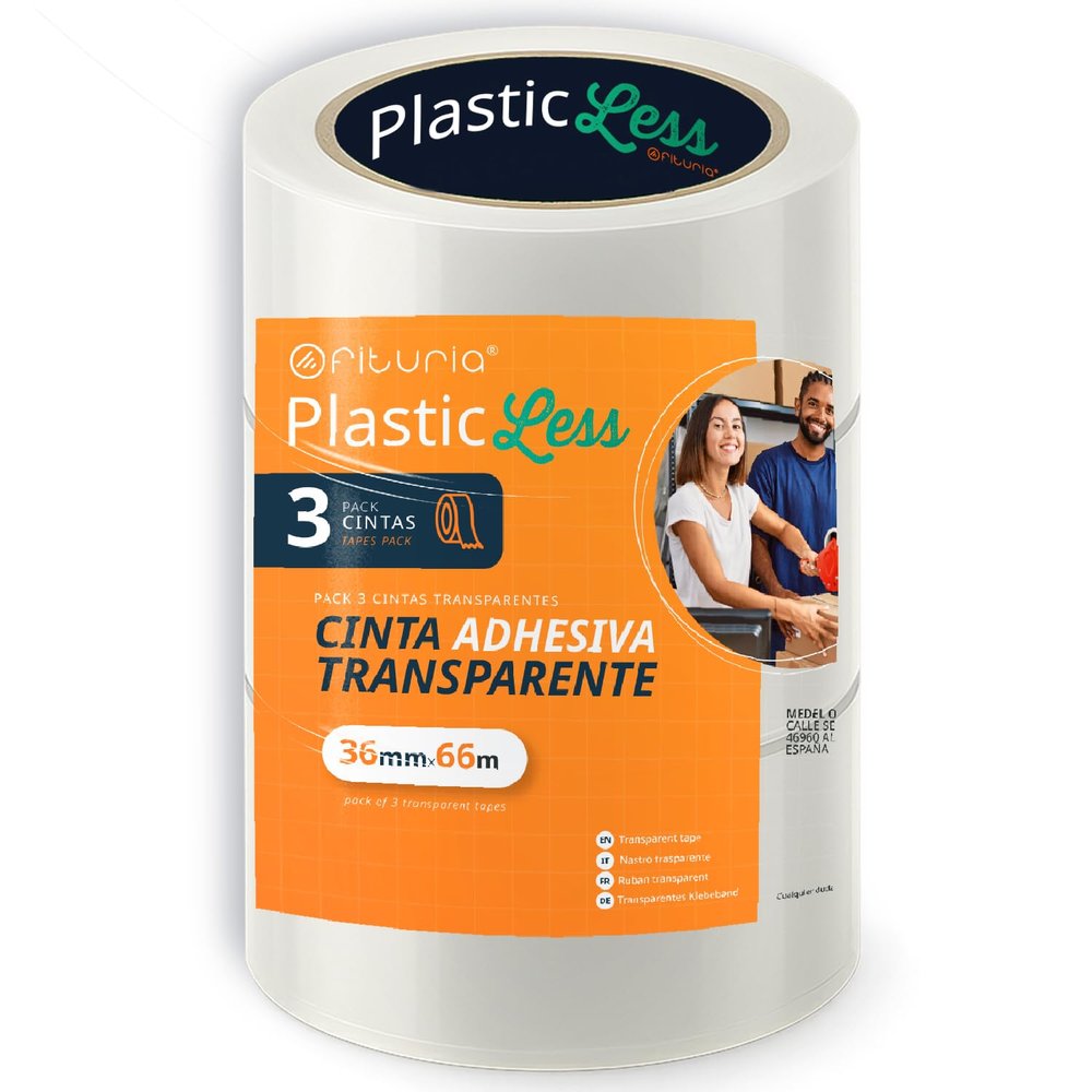 OFITURIA PlasticLess Clear Packing Tape 36 mm x 66 m, Acrylic, Strong Adhesion, 25% Less Plastic, 100% Recycled Core, for Boxes, Shipping & Moving (3 Rolls)