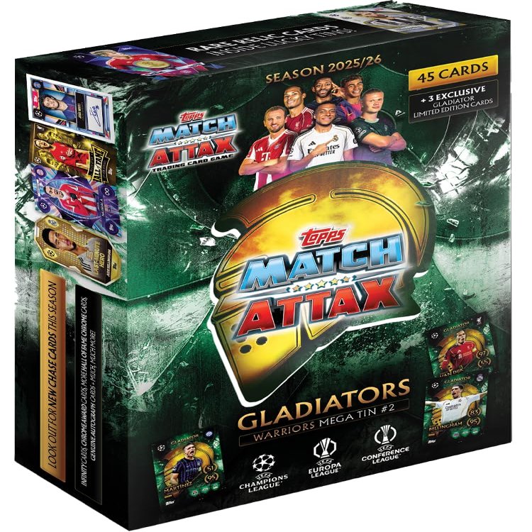Topps UCC Match Attax 2025/26 Mega Tin Warriors – 45 Cards + 3 Exclusive Gladiators LE Cards