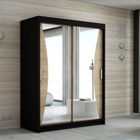 A&J MöbelLand NIKO Sliding-Door Wardrobe, 2 Doors with Mirrors, 160 cm, Black