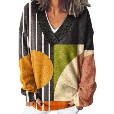 Women's Oversized Christmas Sweater with V-Neck, Norwegian Knit, Witch and Christmas Tree Print