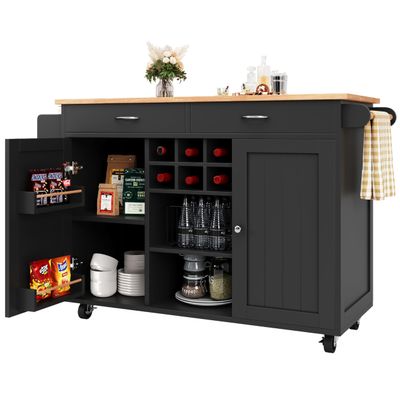 UATARU Kitchen Trolley on Wheels with Worktop, Towel Holder, Drawers, Spice Rack and Adjustable Shelves, Black