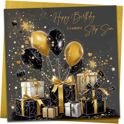 Birthday Card for Stepson, Stylish Gold and Black Gift and Balloons, with Metallic Gold Envelope