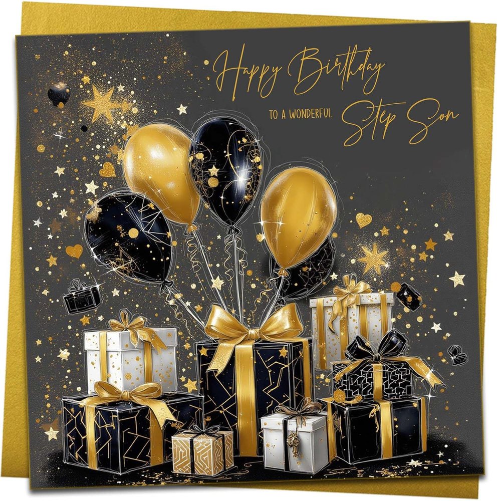 Birthday Card for Stepson, Stylish Gold and Black Gift and Balloons, with Metallic Gold Envelope