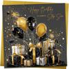 Birthday Card for Stepson, Stylish Gold and Black Gift and Balloons, with Metallic Gold Envelope view 1