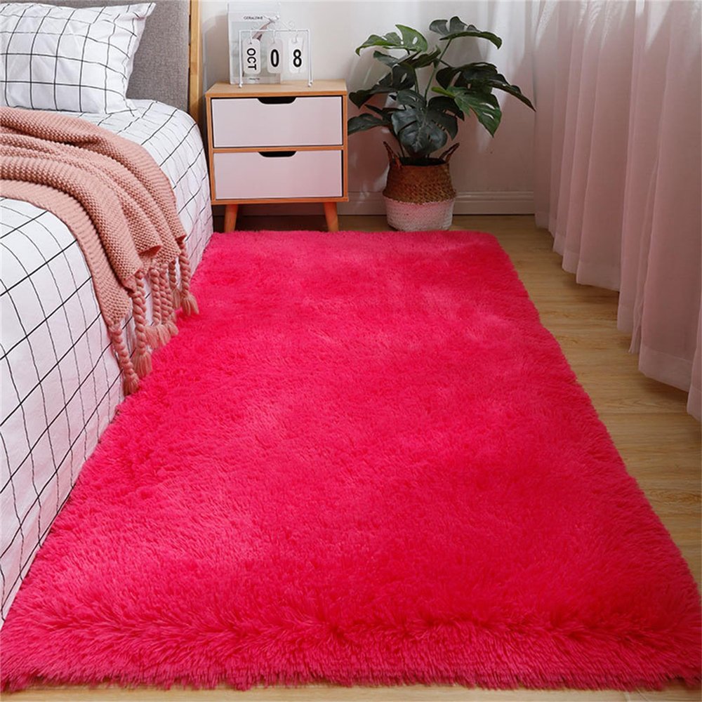 Hearda Plush Shaggy Area Rug, High-Pile Soft Rug, Non-Slip, Rose Red, 100 x 120 cm