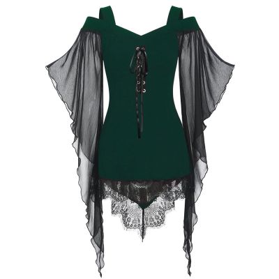 Women's Gothic Halloween Witch Costume Dress with Tie Waist and Long Sleeves