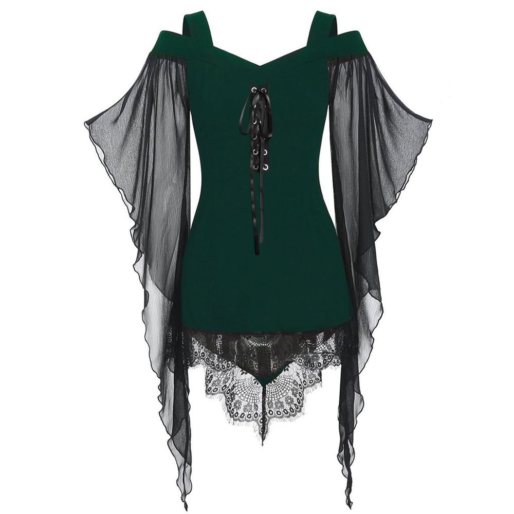 Women's Gothic Halloween Witch Costume Dress with Tie Waist and Long Sleeves