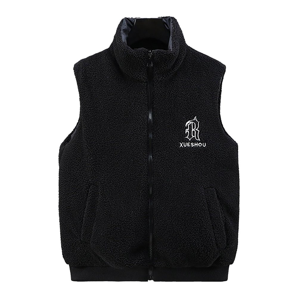 Vhersily Men's Waterproof Teddy Fleece Vest, Lightweight, Sleeveless, Zipper, Side Pockets, Black, XXXL