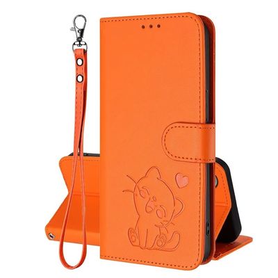 Viewtogo Phone Case for Xiaomi Redmi Note 13 Pro 4G, Embossed Cat & Heart Pattern, Magnetic Closure, Stand, Card Slots, Orange PU Leather Flip Case