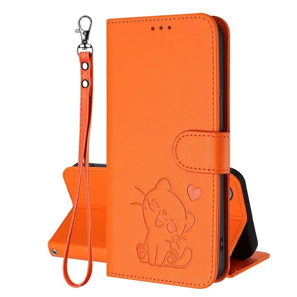 Viewtogo Phone Case for Xiaomi Redmi Note 13 Pro 4G, Embossed Cat & Heart Pattern, Magnetic Closure, Stand, Card Slots, Orange PU Leather Flip Case