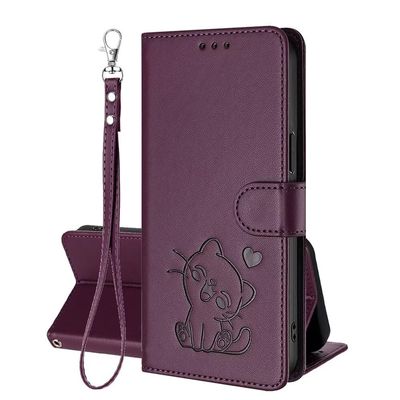 Viewtogo Flip Case for Xiaomi Mi 11T / Mi 11T Pro, Embossed Cat and Heart Pattern, Magnetic Closure, Stand, Card Slots, Dark Purple