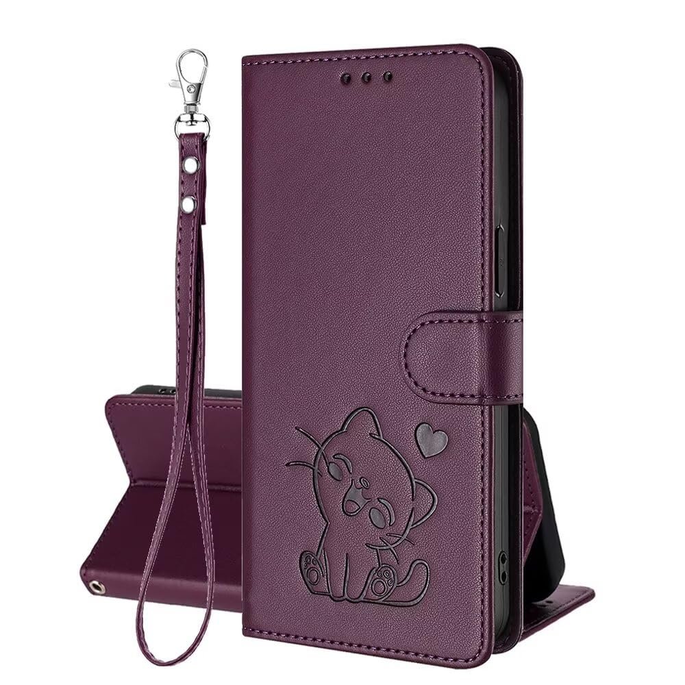 Viewtogo Flip Case for Xiaomi Mi 11T / Mi 11T Pro, Embossed Cat and Heart Pattern, Magnetic Closure, Stand, Card Slots, Dark Purple
