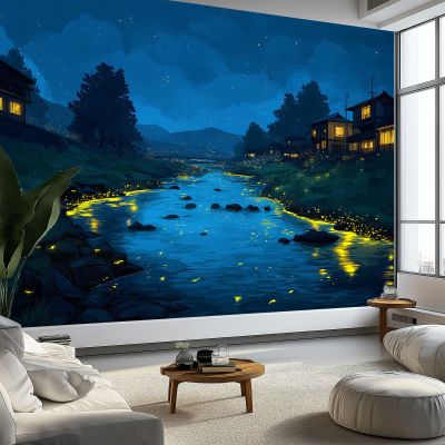 Anime-Style Fantasy Glowworm River Wall Mural, Dark Blue Non-Woven Wallpaper, 200 x 140 cm