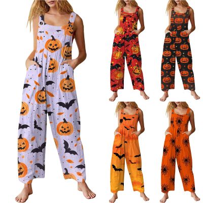 HUIFUAO Women's Halloween Jumpsuit, Funny Pumpkin Bib Overall, Oversized, Bat Vintage Print, Sleeveless Wide-Leg, Orange Z01, S