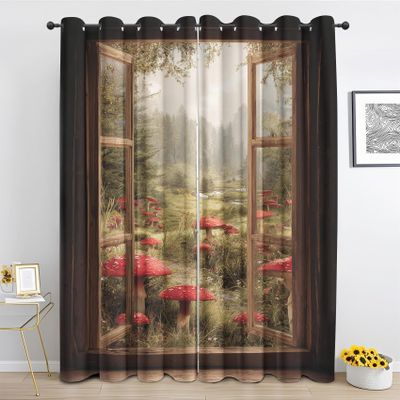 Forest Mushroom Blackout Curtains with Grommets, Jungle Window View, 2 Panels, 230 x 180 cm