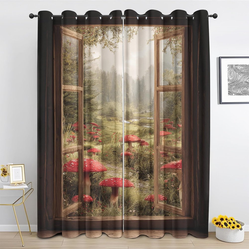 Forest Mushroom Blackout Curtains with Grommets, Jungle Window View, 2 Panels, 230 x 180 cm