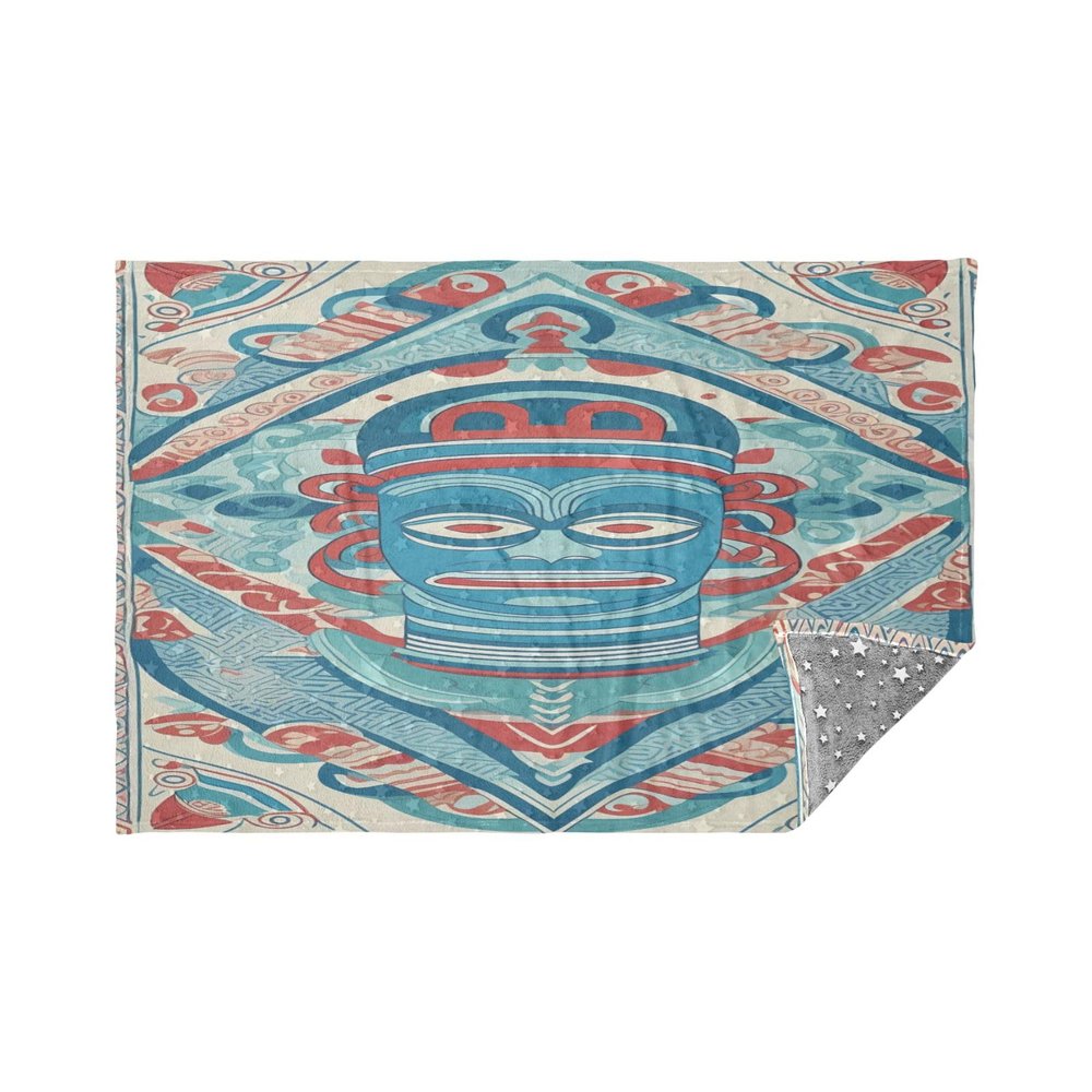 Sanxingdui Reversible Flannel Throw Blanket with Glow-in-the-Dark Stars, Blue/Red