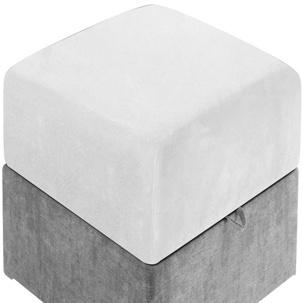 Stretch Velvet Ottoman Cover with Elastic Bottom, White, 100 x 100 cm
