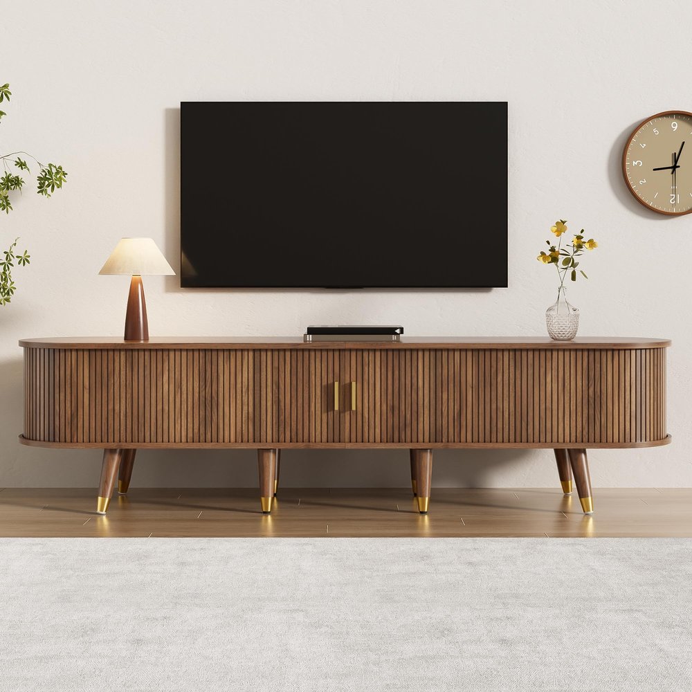 Kebnor 175 cm TV Stand with Rattan Sliding Door, Walnut Look and Ample Storage