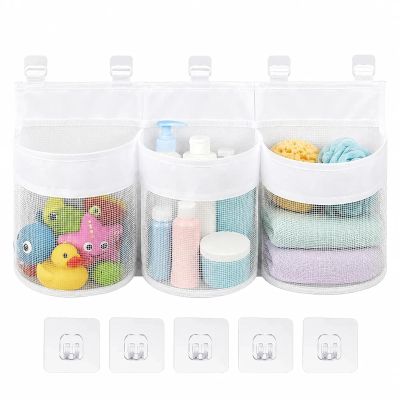Bath Toy Storage Organizer, 3 Compartments with 5 Adhesive Hooks, 59 cm