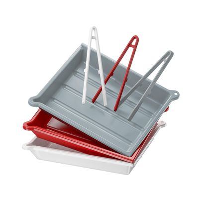 JJC Darkroom Film and Print Developing Trays with Silicone Tongs, Drain Connector and Thermometer Slot, 33.4 x 38.4 cm, White/Red/Gray, 3-Piece Set