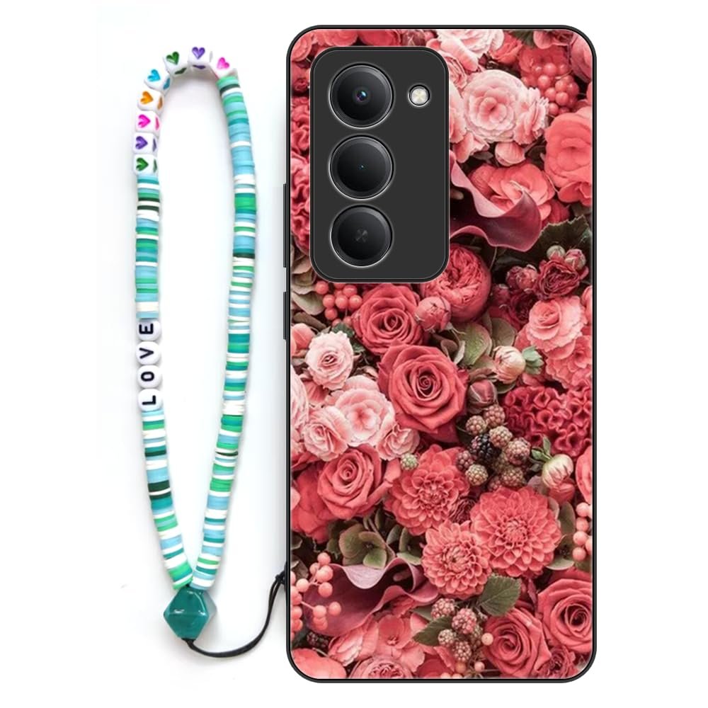 Sinyunron Case Compatible with Redmi 15 4G, 2-in-1 Hybrid Case with Patterned Metal Back and Colorful Strap, Rose