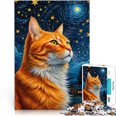 1000-Piece Puzzle for Adults, Orange Cat Under Starry Night, 38 × 52 cm