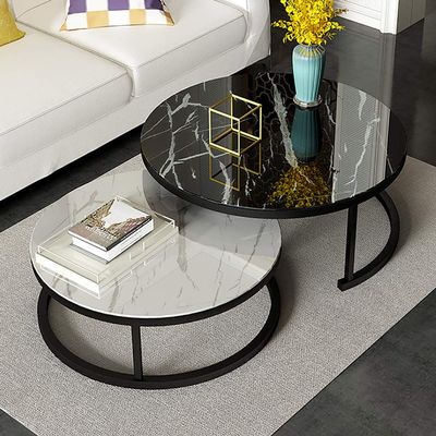 2-Piece Set of Stackable Round Coffee Tables with Marble-Pattern Glass and Metal